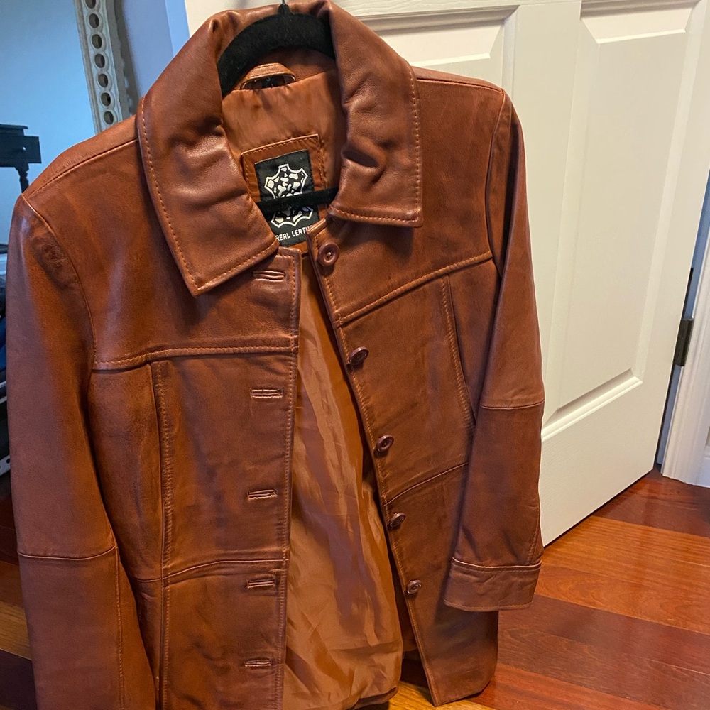 Authentic Tan Long Leather Jacket - image 1